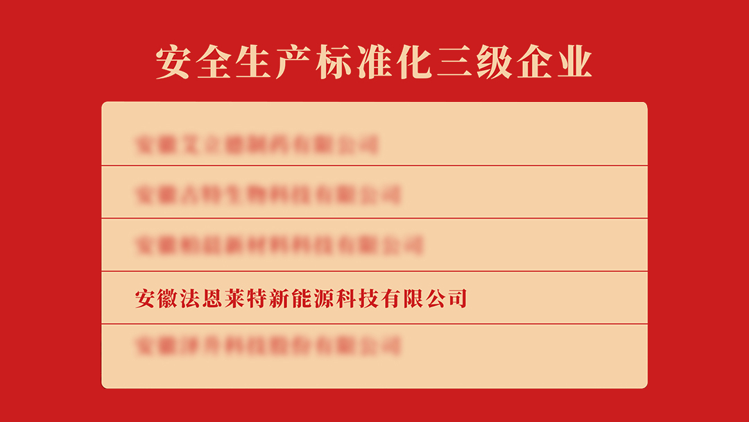 安徽法恩莱特荣获“安全生产标准化三级企业”称号